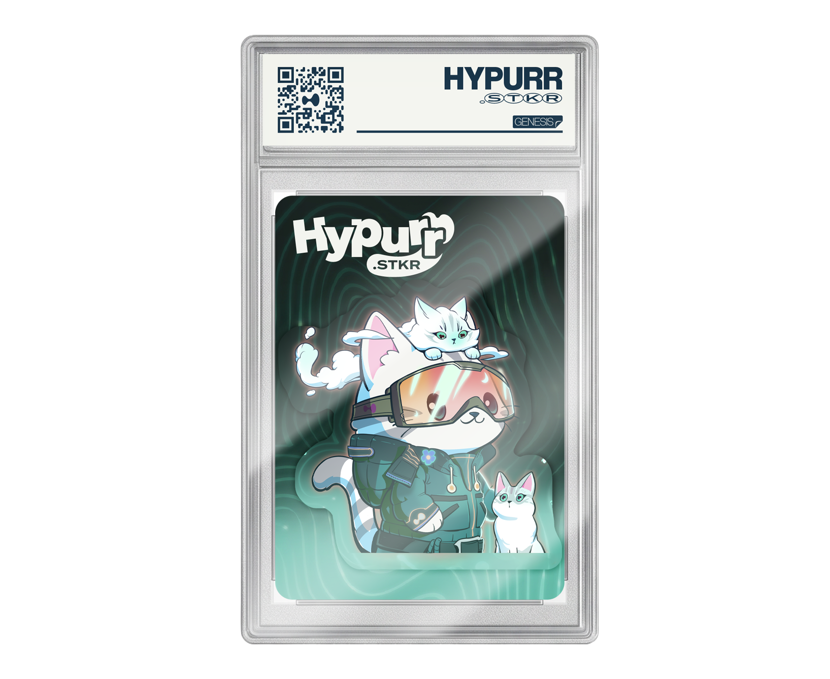 HYPURR.STKR Genesis collector card featuring goggles and a white cat character