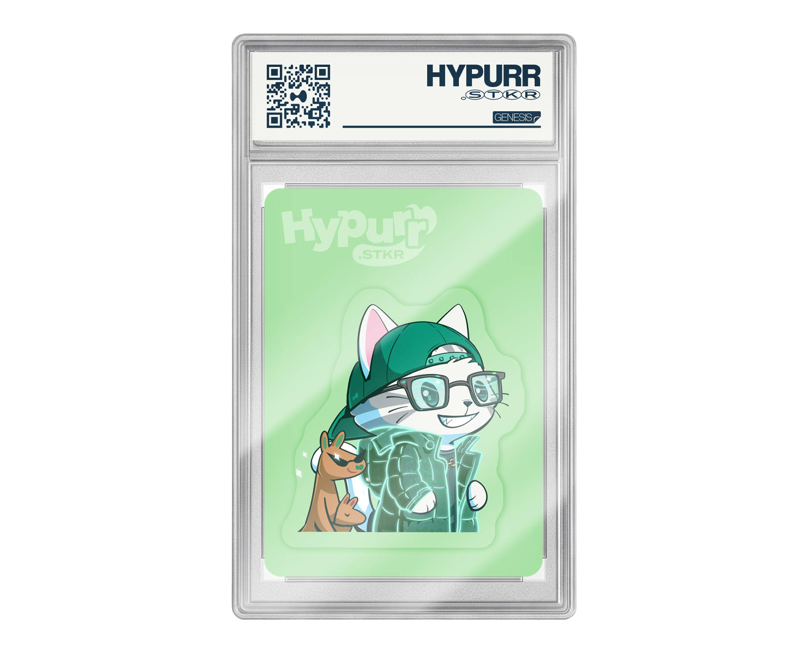 HYPURR.STKR Genesis card featuring a cat wearing a green hat and glasses